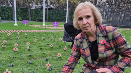 Susan Murray in a green and red tartan suit jacket with a poppy on it in the Garden of Remembrance in Westminster.