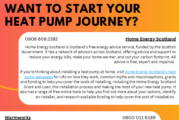 Home Energy Scotland, Home Energy Scotland is Scotland’s free energy advice service, funded by the Scottish Government. It has a network of advisors across Scotland, offering advice and support to reduce your energy bills, make your home warmer, and cut your carbon footprint. Warmworks Warmworks’ Warmer Homes Scotland scheme has helped nearly 45,000 homes across the country be warmer, more comfortable, and save against their energy costs.